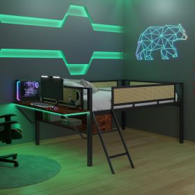 Single Metal Loft Bed With Rectangular Desk, LED Lights, LED Loft Bed Frame