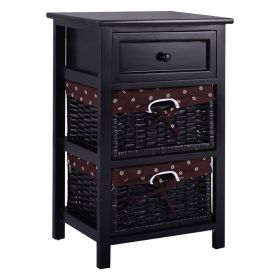 3 Tiers Wooden Storage Nightstand With 2 Baskets And 1 Drawer