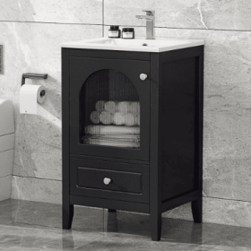 20 Bathroom Vanity With Sink, Bathroom Cabinet With Soft Closing Glass Door, A Drawer, Black