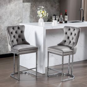 26 Velvet Bar Stools Set Of 2, Counter Height With Button Back  Rivet Trim