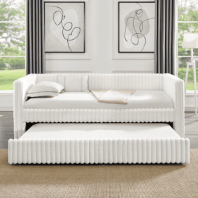 Twin Size Daybed, Upholstered Sofa Bed,The Bottom Pulls Out To Form A Bed ,Striped Corduroy Fabric- Beige 86x43.5x34