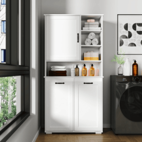 Laundry Cabinet With Doors And Shelf, Tilt-Out Laundry Hamper, Multiple Storage Space, Freestanding Style, Open Shelve, Adjustable Shelf, White