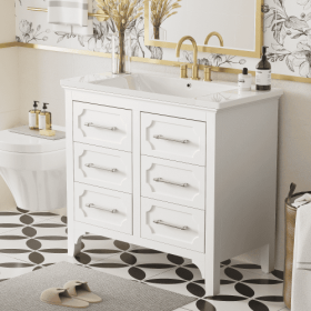 36'' Bathroom Vanity With Resin Sink Combo, Free Standing Single Vanity Set With Four Drawers, Solid Wood Frame Bathroom Storage Cabinet