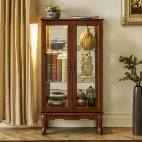 Curio Cabinet Lighted Curio Diapaly Cabinet with Adjustable Shelves and Mirrored Back Panel, Tempered Glass Doors (Walnut, 3 Tier)