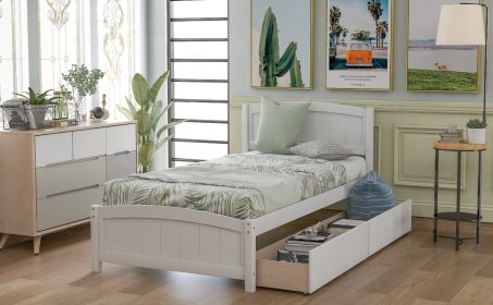 Twin Size Platform Bed With Two Drawers, White (Color: White)