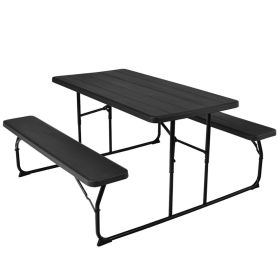Indoor And Outdoor Folding Picnic Table Bench Set With Wood-like Texture (Color: Black)